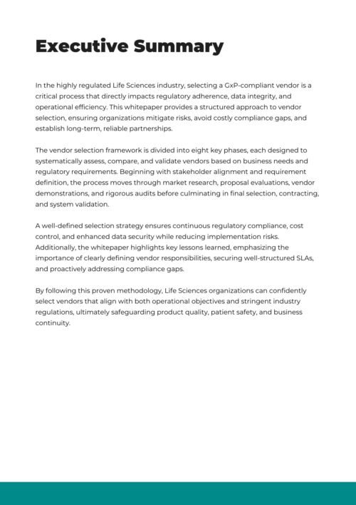 Whitepaper QA Vendor Selection in the Life Sciences Industry